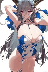 +_+ 1girl arms_up barcode barcode_tattoo between_breasts braid breasts checkered_leotard cheerleader clothes_writing collar covered_navel curled_horns facial_tattoo fate/grand_order fate_(series) frilled_leotard frills hair_ornament hairclip highres horns large_breasts leotard long_hair long_horns monkey_jon navel pink_eyes pointy_ears pom_pom_(cheerleading) race_queen smile solo symbol-shaped_pupils tattoo thigh_strap tiamat_(fate) very_long_hair