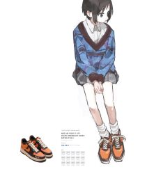 1girl alternate_costume black_eyes black_hair blue_sweater closed_mouth collared_shirt dress_shirt english_text expressionless full_body grey_skirt hands_on_lap hansei_(oisiikonnyaku) highres invisible_chair kurosaki_honoka long_sleeves looking_to_the_side loose_socks low-cut nike_air_force_1 orange_shoes own_hands_together pleated_skirt reference_inset shirt shoes short_hair simple_background sitting skirt sneakers socks solo striped_clothes striped_sweater sweater white_background white_shirt white_socks yama_no_susume