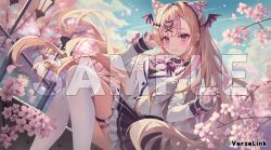 1girl blonde_hair blue_sky blush bow bowtie breasts brown_skirt cat_hair_ornament cherry_blossoms commentary_request copyright_notice crossed_legs earrings fake_head_wings feet_out_of_frame gin_(gin937) hair_ornament head_wings jacket jewelry lantern long_hair looking_at_viewer medium_breasts mira_saiko official_art outdoors pink_eyes pleated_skirt purple_bow purple_bowtie sample_watermark sitting sitting_on_stairs skirt sky smile solo stairs thigh_strap thighhighs verselink very_long_hair virtual_youtuber watermark white_jacket white_thighhighs wings x_hair_ornament