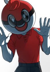 1boy ball_guy bite_addict black_pants buttons collared_shirt colored_skin facing_viewer hands_up highres male_focus mascot_costume mascot_head nintendo pants pokemon pokemon_swsh red_shirt shirt short_sleeves simple_background solo white_background white_skin