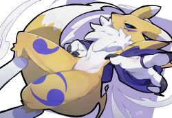 black_sclera blue_eyes body_fur colored_sclera digimon digimon_(creature) furry highres kitsune kokodari renamon simple_background solo white_background yellow_fur
