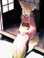 1girl animal_ears arknights black_sash blonde_hair closed_mouth fake_animal_ears floral_print floral_print_kimono fox_ears fox_girl fox_tail hair_between_eyes highres icemissile japanese_clothes kimono long_hair obi pink_kimono pregnant print_kimono sash scar scar_on_face sidelocks sitting smile solo tail vulpisfoglia_(arknights) yellow_eyes