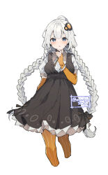 1girl :o ahoge black_bow black_dress blue_eyes blush bow braid breasts cropped_legs dress elbow_gloves frilled_dress frills gloves grey_hair hair_between_eyes hair_ornament headset highres ikeuchi_tanuma kizuna_akari large_breasts long_hair low_twintails orange_gloves orange_pantyhose pantyhose parted_lips pleated_dress puffy_short_sleeves puffy_sleeves shirt short_sleeves simple_background small_sweatdrop solo striped_clothes striped_gloves striped_pantyhose sweat twin_braids twintails twitter_username vertical-striped_clothes vertical-striped_pantyhose very_long_hair voiceroid white_background white_shirt