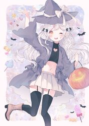1girl absurdres arm_up bat_(animal) black_bow black_thighhighs boots bow braid brown_boots candy cleavage_cutout clothing_cutout coat commentary cropped_sweater flat_chest food garter_straps grey_coat grey_hat halloween_bucket hat hat_ribbon heart_sticker high_heel_boots high_heels highres leg_up long_hair long_sleeves miniskirt navel one_eye_closed open_clothes open_coat open_mouth orange_eyes original pleated_skirt ribbed_sweater ribbon skirt smile solo sticker_on_face sweater symbol-only_commentary tareme thighhighs ting_(tingiiio) turtleneck turtleneck_sweater white_hair white_ribbon white_skirt wide_sleeves witch_hat