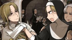 6+girls :&lt; :o angry bird black_hair blonde_hair blue_eyes brick_wall brown_hair chicken closed_eyes clothes_grab clumsy_nun_(diva) commentary covering_another&#039;s_eyes crying crying_with_eyes_open diva_(hyxpk) duck english_commentary food freckles freckles_nun_(diva) froggy_nun_(diva) grey_hair highres little_nuns_(diva) mole mole_on_cheek mole_under_mouth mother_and_daughter multiple_girls neckwear_grab nun sandwich shirt smug_nun_(diva) star_nun_(diva) star_ornament strict_nun&#039;s_mother_(diva) strict_nun_(diva) tearing_up tears traditional_nun white_shirt