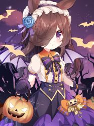 animal_ears bat_wings black_gloves blue_flower breasts commentary flower gloves hair_flower hair_ornament hair_over_one_eye halloween hamiyamiko horse_ears horse_girl jack-o&#039;-lantern long_hair looking_at_viewer maid_headdress parted_lips puffy_short_sleeves puffy_sleeves purple_eyes purple_skirt rice_shower_(make_up_vampire!)_(umamusume) shirt short_sleeves skirt small_breasts umamusume white_shirt wings