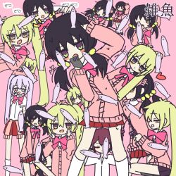 5girls ahoge akita_neru animal ascot backpack bag black_hair black_sleeve_cuffs blush brown_eyes castanets collared_shirt commentary dayan7_ariel detached_sleeves dress drill_hair fish forehead_blush hair_bobbles hair_ornament hatsune_miku holding holding_animal holding_fish instrument kaai_yuki kasane_teto long_hair long_sleeves looking_at_viewer low_twintails multiple_girls musical_staff musical_staff_print pinafore_dress pinstripe_hat plaid_ascot plaid_clothes randoseru red_ascot red_dress red_eyes red_hair red_trim ribbon shirt short_hair short_sleeves short_twintails shoulder_belt shoulder_boards skirt sleeveless sleeveless_dress smile solo triangle_(instrument) triple_baka_(vocaloid) twin_drills twintails utau vocaloid white_ribbon white_shirt zako_(vocaloid)