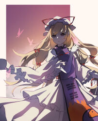 Rule 34 | 1girl, absurdres, blonde hair, bow, bug, butterfly, dress, expressionless, frilled dress, frills, hair bow, hair ribbon, hand up, hat, highres, holding, holding umbrella, insect, layered dress, long hair, mob cap, parted lips, purple eyes, purple tabard, red bow, red ribbon, ribbon, shaded face, solo, tabard, touhou, umbrella, user fer1494, very long hair, white dress, white hat, wide sleeves, yakumo yukari
