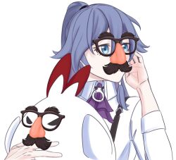Rule 34 | 1girl, animal, bird, black-framed eyewear, blue eyes, blue hair, collared shirt, commentary, english commentary, fake facial hair, fake mustache, flyingfudgenuggets, fu hua, fu hua (hawk of the fog), fu hua (valkyrie accipiter), glasses, groucho glasses, hair between eyes, honkai (series), honkai impact 3rd, jingwei (bird), long sleeves, ponytail, shirt, simple background, upper body, white background, white shirt