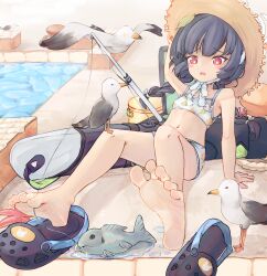 1girl bare_arms bare_legs barefoot bird blue_archive chaosexceed crocs feet fish fishing_rod foot_focus frown full_body hat highres miyu_(blue_archive) miyu_(swimsuit)_(blue_archive) navel no_shoes no_socks open_mouth purple_hair red_eyes seagull soles straw_hat swimsuit toes
