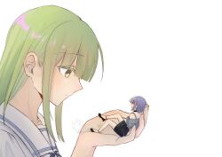 Rule 34 | 2girls, absurdres, bang dream!, bang dream! it&#039;s mygo!!!!!, black choker, black skirt, choker, closed mouth, commentary, expressionless, green hair, grey shirt, highres, kaeru (kaeee41917105), long hair, looking at another, multiple girls, off-shoulder shirt, off shoulder, purple hair, sailor collar, shirt, short hair, simple background, skirt, wakaba mutsumi, white background, white sailor collar, yellow eyes, yuutenji nyamu