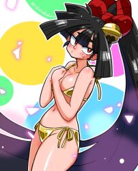 1girl artist_name bell bikini black_hair breasts collarbone from_side gold_bikini hair_bell hair_ornament high_ponytail igami_ichika jingle_bell jitome long_hair looking_at_viewer navel parted_bangs ponytail red_eyes side-tie_bikini_bottom solo standing susume!_ashitabara_gakuen swimsuit very_long_hair wanta_(futoshi)