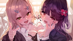 2girls black_bra black_cardigan black_hair blonde_hair blush bra breast_press breasts cardigan cleavage commentary day fang flower_hairpin green_eyes gyaru highres holding_hands indoors large_breasts long_hair looking_at_viewer multiple_girls one_side_up open_clothes open_mouth open_shirt original pink_eyes pointing pointing_up shiokonbu shirt smile smug symmetrical_docking underwear white_bra white_shirt