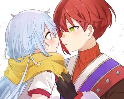 Rule 34 | 1boy, 1girl, black gloves, blue hair, blush, borrowed clothes, cuilang (rune factory), eco (comochz), eye contact, face-to-face, from side, gloves, green eyes, hair between eyes, hetero, highres, kaguya (rune factory), long hair, long sleeves, looking at another, open mouth, petals, profile, red hair, red sweater, rune factory, rune factory: guardians of azuma, scarf, short hair, simple background, sweater, turtleneck, turtleneck sweater, upper body, white background, yellow scarf