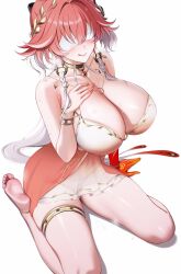 1girl :q ateoyh barefoot bikini bikini_top_only blush body_markings braid breasts breath changli_(wuthering_waves) closed_mouth collarbone colored_extremities commentary covered_navel facing_viewer feet hair_extensions hand_on_own_chest head_wreath highres huge_breasts jewelry multicolored_hair pink_hair pussy red_hands ring_hair_extensions simple_background sitting smile soles solo swimsuit thighlet toes tongue tongue_out twin_braids two-tone_hair uncensored wariza white_background white_bikini white_blindfold white_hair wuthering_waves