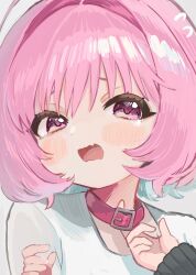 Rule 34 | 2girls, ahoge, aqua hair, belt, belt collar, black jacket, blush, choker, choker pull, collar, colored inner hair, flying sweatdrops, hair intakes, highres, idolmaster, idolmaster cinderella girls, idolmaster cinderella girls starlight stage, jacket, long sleeves, medium hair, multicolored hair, multiple girls, open mouth, pink belt, pink choker, pink collar, pink eyes, pink hair, shirt, simple background, solo focus, sukoyaka (100hituzi), sunazuka akira, tearing up, two-tone hair, white background, white shirt, yumemi riamu