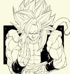 abs biceps body_fur dragon_ball dragon_ball_gt fusion fusion_dance gogeta hand_on_own_hip highres homelanderrr looking_at_viewer male_focus metamoran_vest monkey_boy monkey_tail muscular muscular_male no_nipples pectorals saiyan simple_background smirk solo spiked_hair standing super_saiyan super_saiyan_4 tail