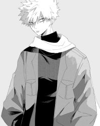 Rule 34 | 1boy, bakugou katsuki, boku no hero academia, closed mouth, commentary request, frown, grey background, greyscale, hand in pocket, highres, lapels, long sleeves, looking to the side, male focus, monochrome, neminemisho, scarf, short hair, sideways glance, simple background, solo, spiked hair, turtleneck