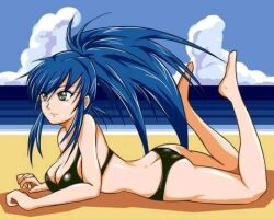 1girl ass beach bikini blue_hair breasts butt_crack curvy female_focus green_eyes huge_ass huge_breasts large_breasts legs_up leona_heidern long_hair lying on_stomach outdoors pale_skin panties ponytail sand smile swimsuit the_king_of_fighters thighs top-down_bottom-up underwear water wide_hips