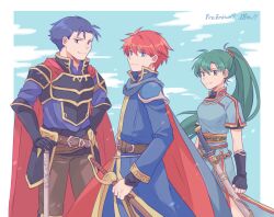 Rule 34 | 1girl, 2boys, belt, black gloves, blue coat, blue dress, blue eyes, blue hair, blue jacket, blue sky, border, brown belt, brown pants, cape, closed mouth, cloud, coat, commentary request, cowboy shot, day, dress, eliwood (fire emblem), fingerless gloves, fire emblem, fire emblem: the blazing blade, gloves, green eyes, green hair, hector (fire emblem), high collar, highres, holding, holding sword, holding weapon, jacket, long hair, long sleeves, looking at viewer, lyn (fire emblem), multiple boys, nintendo, outdoors, outside border, pants, ponytail, red cape, red hair, short hair, short sleeves, sky, smile, sushitarou, sword, weapon, white border