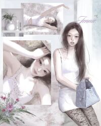 Rule 34 | 1girl, arm up, artist name (singer), bag, brown hair, closed mouth, highres, holding, holding bag, jennie (blackpink), long hair, looking at viewer, lying, multiple views, navel, oceanofyoon, pantyhose, parted lips, real life, signature, sitting