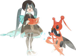 1girl animal_print book brown_dress brown_headwear bug_miku_(project_voltage) butterfly_print dress e_volution eyeshadow gen_4_pokemon hair_through_headwear hatsune_miku holding holding_book kricketune long_hair long_sleeves makeup music necktie nintendo open_mouth pokemon project_voltage sidelocks singing twintails very_long_hair vocaloid white_background