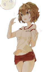 10s 1girl absurdres ball black_panties braid breasts brown_eyes brown_hair clothes_lift female_focus flower flying_sweatdrops gym_shorts gym_uniform hair_flower hair_ornament hairclip highres koiwai_yoshino large_breasts masamune-kun_no_revenge navel open_mouth panties panty_peek playing_sports scan shirt_lift short_hair short_shorts shorts side_braid simple_background solo tiv underwear volleyball volleyball_(object) wavy_mouth white_background