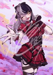 Rule 34 | 1girl, ;d, black corset, black hair, black nails, black thighhighs, coat, corset, dress, grey hair, highres, hololive, hololive english, long hair, multicolored hair, official alternate costume, official alternate hairstyle, one eye closed, open mouth, purple coat, red dress, shiori novella, shiori novella (casual), smile, solo, split-color hair, thighhighs, two-tone hair, virtual youtuber, yellow eyes, zolomon (jarvis lin)