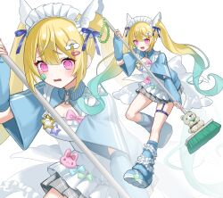 1girl :d @_@ absurdres apron arm_warmers back_bow blonde_hair blue_arm_warmers blue_bow blue_jacket blue_leg_warmers blush bow breasts breasts_out confused facial_mark fangs fingernails flying flying_sweatdrops frilled_apron frills full_body furrowed_brow green_bow green_hair hair_between_eyes hair_ornament hair_ribbon hairclip highres holding holding_mop jacket jersey_maid kiki-yu knees leg_up leg_warmers long_hair looking_down maid maid_apron maid_headdress medium_breasts miniskirt mop multicolored_hair multiple_views nervous_sweating o-ring o-ring_thigh_strap open_mouth original pink_bow pink_eyes pink_nails plaid_clothes plaid_skirt pleated_skirt ribbon ringed_eyes shoes short_sleeves sidelocks simple_background skirt smile sneakers solo star_(symbol) stuffed_animal stuffed_toy sweat thigh_strap thighs track_jacket turtleneck twintails unconventional_maid wavy_mouth white_apron white_background wide_sleeves wing_hair_ornament wings x_hair_ornament zipper zipper_pull_tab zoom_layer