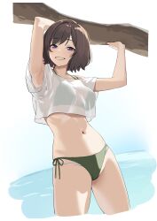 1girl absurdres alternate_costume arms_up bikini bikini_under_clothes breasts brown_hair commentary_request crop_top cropped_shirt gakuen_idolmaster green_bikini highres idolmaster looking_at_viewer medium_breasts navel neo_asari oregano_(olgn_eao) purple_eyes shirt short_hair side-tie_bikini_bottom smile solo stomach swimsuit t-shirt white_shirt