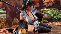 1girl 3d arm_support black_hair black_leotard breasts curvy forest full_body highleg highleg_leotard highres iroha_(samurai_spirits) large_breasts leotard leotard_under_clothes lips looking_to_the_side maid maid_headdress nature ryona samurai_spirits screencap shiny_skin short_hair sideboob sitting thighhighs third-party_edit thong_leotard wide_hips