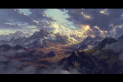 absurdres blue_sky cloud cloudy_sky commentary day english_commentary highres landscape letterboxed mountain nature no_humans original outdoors philipp_urlich scenery sky