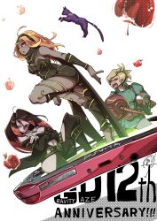 Rule 34 | 3girls, anniversary, apple, armband, armor, bare shoulders, black cat, black hair, black scarf, blonde hair, breasts, cat, chest tattoo, collarbone, dark-skinned female, dark skin, detached sleeves, dress, dusty (gravity daze), earrings, english text, food, fruit, gravity daze, gravity daze 2, hairband, handheld game console, highres, jewelry, kitten (gravity daze), lance, long hair, looking at viewer, midriff, military uniform, multicolored hair, multiple girls, navel, parted lips, playstation vita, polearm, pungter, red eyes, red hair, revealing clothes, scarf, simple background, smile, solo, strapless, tattoo, two-tone hair, vambraces, weapon, white background, yellow eyes, yunica (gravity daze)