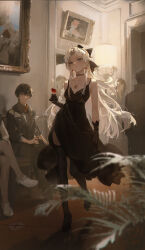 1girl absurdres ahoge alcohol alternate_costume bare_shoulders black_choker black_dress black_gloves black_hair black_thighhighs blue_eyes blurry blurry_foreground bow carlotta_(wuthering_waves) champagne_flute choker closed_mouth commentary_request crossed_legs cup dino_(dinoartforame) dress drinking_glass earrings gloves hair_bow high_heels highres indoors jewelry lampshade long_hair looking_at_another necklace painting_(object) parted_bangs picture_frame plant red_scarf scarf short_hair sitting smile standing thighhighs tile_floor tiles very_long_hair white_hair wuthering_waves