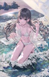 1girl bare_shoulders barefoot bikini black_hair blue_eyes braid breasts closed_mouth collarbone commentary english_commentary foaming_waves full_body groin hair_intakes half_up_braid halterneck hands_up hat highres holding holding_shell kneeling long_hair long_legs looking_at_viewer navel open_clothes open_shirt outdoors parted_lips ponkan_8 portrait ribbed_bikini see-through_clothes see-through_shirt shell shirt shoes shore side-tie_bikini_bottom small_breasts solo string_bikini sweat swimsuit thighs toes unworn_hat unworn_headwear unworn_shoes wading water white_bikini white_hat white_shirt white_shoes yahari_ore_no_seishun_lovecome_wa_machigatteiru. yukinoshita_yukino