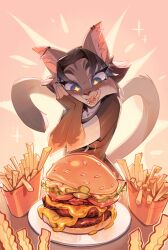 +_+ 1girl animal_ear_fluff animal_ears animal_nose artist_name backlighting bacon barbell_piercing black_hair black_shirt blue_eyes blush body_fur breasts burger cat_ears cat_girl cat_tail cheese collarbone dated ear_piercing earrings fangs female_focus food food_focus forehead french_fries furry furry_female glowing grey_fur hair_intakes hand_on_own_cheek hand_on_own_face hands_clasped_in_delight hands_up happy head_tilt highres industrial_piercing jewelry lettuce licking_lips light_blush looking_down mayonnaise meat medium_breasts multicolored_fur multiple_earrings open_mouth orange_background original own_hands_together parted_bangs pickle piercing plate sesame_seeds shirt short_hair short_sleeves signature smile snout solo tail tail_raised teeth tomato tongue tongue_out ulitochka upper_body white_fur wide-eyed