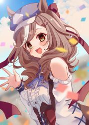 1girl :d animal_ears blue_bow blue_hat blue_sky blurry blurry_foreground blush bow brown_eyes brown_hair center_frills clothing_cutout cloud cloudy_sky commentary_request confetti day depth_of_field ears_through_headwear frills hair_ornament hairclip hand_up hat highres horse_ears long_sleeves matikanetannhauser_(umamusume) multicolored_hair newsboy_cap open_mouth outdoors puffy_long_sleeves puffy_sleeves rino_cnc shirt shoulder_cutout sky smile solo streaked_hair sunlight tilted_headwear umamusume upper_body white_hair white_shirt
