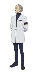 1boy armband arms_behind_back black_shoes blue_pants dress_shoes full_body grey_hair gundam gundam_gquuuuuux highres jacket leo_lionni_(gundam) long_coat looking_to_the_side male_focus official_art old old_man pants receding_hairline shoes short_hair solo standing transparent_background turtleneck white_jacket wrinkled_skin zipper