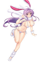 Rule 34 | 1girl, ahoge, animal ears, bare shoulders, bikini, blush, breasts, cleavage, collarbone, earrings, floating hair, fur scarf, groin, hataraki kuma, high heels, highres, imperishable night, jewelry, large breasts, leg warmers, long hair, looking at viewer, micro bikini, navel, nontraditional playboy bunny, playboy bunny bikini, purple hair, rabbit ears, rabbit girl, rabbit tail, red eyes, reisen udongein inaba, side-tie bikini bottom, sidelocks, simple background, smile, solo, standing, standing on one leg, string bikini, stud earrings, swimsuit, tail, thighs, touhou, very long hair, w, white background, white bikini, white footwear, white leg warmers, wrist cuffs