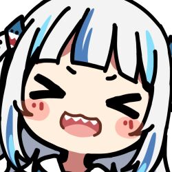 &gt;_&lt; 1girl :3 :d artist_request bad_link blue_hair blunt_bangs blush_stickers chibi gawr_gura gawr_gura_(1st_costume) hair_ornament hololive hololive_english multicolored_hair official_art open_mouth portrait shark_hair_ornament sharp_teeth smile solo streaked_hair teeth transparent_background two_side_up virtual_youtuber white_hair