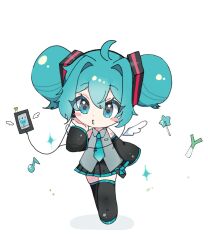 1girl ahoge alternate_hairstyle aqua_eyes aqua_hair aqua_necktie black_boots black_skirt black_sleeves black_thighhighs blush_stickers boots cable candy chibi chibi_only collared_shirt commentary detached_sleeves detached_wings digital_media_player double_bun floating floating_object food full_body grey_shirt hair_between_eyes hair_bun hair_intakes hand_up hatsune_miku headphones highres lollipop long_sleeves looking_at_viewer minazuki_(minaduki_0318) mini_wings miniskirt necktie o3o pleated_skirt puckered_lips shirt simple_background skirt sleeveless sleeveless_shirt solo spring_onion standing thigh_boots thighhighs vocaloid white_background white_wings wide_sleeves wings zettai_ryouiki