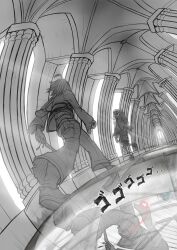 1other absurdres androgynous crossover frisk_(undertale) genocide_cutter glowing glowing_eyes heart highres holding holding_heart holding_knife jojo_no_kimyou_na_bouken jojo_pose kaldrinn knife meme menacing_(jojo) oh?_you&#039;re_approaching_me?_(meme) reflective_floor sans_(undertale) skeleton standing standing_on_one_leg undertale