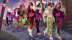 Rule 34 | 4girls, ariekochan, black hair, black kimono, blue hair, blush, breasts, brown eyes, brown hair, candy apple, carmine (pokemon), closed eyes, closed mouth, colored inner hair, cotton candy, crossed bangs, dark-skinned female, dark skin, eyelashes, festival, fezandipiti, food, freckles, glasses, green hair, green kimono, grey eyes, hair between eyes, highres, holding, holding candy apple, holding cotton candy, holding food, holding hands, japanese clothes, juliana (pokemon), kimono, long hair, long sleeves, mask, mask on head, mole, mole under eye, multicolored hair, multiple girls, munkidori, nemona (pokemon), nintendo, ogerpon, ogerpon (teal mask), okidogi, open mouth, penny (pokemon), pokemon, pokemon (creature), pokemon sv, print kimono, red hair, round eyewear, sandals, sash, short hair, smile, streaked hair, summer festival, two-tone hair, yellow eyes