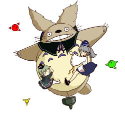 2girls :d black_collar black_hat blue_hat blue_skirt collar commentary_request cosplay detached_collar dress earmuffs flying full_body green_dress green_hair grey_hair grin hat long_hair mononobe_no_futo multiple_girls open_mouth shimashima_nezumi shirt short_hair simple_background skirt smile soga_no_tojiko tate_eboshi tonari_no_totoro totoro touhou toyosatomimi_no_miko toyosatomimi_no_miko_(cosplay) white_background white_shirt