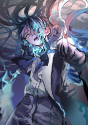 Rule 34 | 1girl, ado (utaite), black bow, black bowtie, black coat, black hair, blue hair, bow, bowtie, chando (ado), coat, commentary request, dress shirt, highres, long hair, looking at viewer, mole, mole under eye, official art, open clothes, open coat, open mouth, orihara (ewkkyorhr), shirt, solo, teeth, textless version, upper teeth only, utaite, white shirt