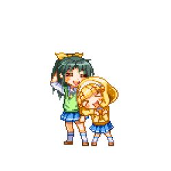 &gt;_&lt; 3girls :d animated animated_gif aoki_reika arm_behind_head blonde_hair blue_hair blush closed_eyes crystal_sword green_hair hairband height_difference ice inoue_marina jealous kanemoto_hisako kise_yayoi kotoura-san long_hair lowres midorikawa_nao migel_futoshi multiple_girls nishimura_chinami o_o open_mouth parody pixel_art ponytail precure rubbing scared school_uniform shaded_face skirt sleeves_rolled_up smile smile_precure! sonna_koto_ura_no_mata_urabanashi_desho? surprised sword tears voice_actor_connection weapon white_hairband xd yandere yuri