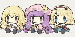 3girls alice_margatroid apron black_skirt black_vest blonde_hair blue_bow blue_dress blue_eyes blush_stickers bow braid bubble_tea capelet chibi chibi_only closed_mouth commentary_request crescent crescent_hat_ornament cup disposable_cup dress drinking_straw frilled_hairband frills hair_bow hairband hat hat_ornament holding holding_cup kagome_f kirisame_marisa lolita_hairband long_hair mob_cap multiple_girls multiple_hair_bows no_headwear patchouli_knowledge pink_dress pink_hat purple_eyes purple_hair red_bow red_hairband shoes side_braid single_braid sitting skirt smile striped_clothes striped_dress touhou vertical-striped_clothes vertical-striped_dress very_long_hair vest waist_apron white_bow white_capelet yellow_eyes