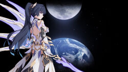 1girl absurdres back breasts chinese_commentary commentary_request corset earth_(planet) elbow_gloves full_moon gloves hair_ornament highres holding holding_sword holding_weapon honkai_(series) honkai_impact_3rd large_breasts moon planet ponytail purple_eyes purple_hair raiden_mei raiden_mei_(herrscher_of_origin) sideboob solo space sword via_shinan weapon white_corset white_gloves