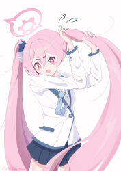 1girl 2525butsuri2 :o absurdres artist_name black_skirt blazer blue_archive blue_necktie blush_stickers commentary_request halo highres holding holding_own_hair jacket koyuki_(blue_archive) loli looking_at_viewer necktie open_mouth pink_eyes pink_hair pink_halo pleated_skirt school_uniform shirt simple_background skirt solo_focus standing star-shaped_pupils star_(symbol) sweat symbol-shaped_pupils thighhighs twintails white_background white_jacket white_shirt white_thighhighs