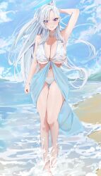 Rule 34 | 1girl, arm behind head, armpits, beach, bikini, blue halo, blue sarong, blue sky, breasts, cleavage, cloud, commentary, day, english commentary, fa.ye-18, floating hair, full body, halo, halterneck, highres, huge breasts, long hair, ocean, parted bangs, purple eyes, sarong, second-party source, shore, sky, smile, solo, splashing, standing, straight-on, swimsuit, thigh gap, very long hair, vfleet, virtual youtuber, white bikini, white hair, yoellim5